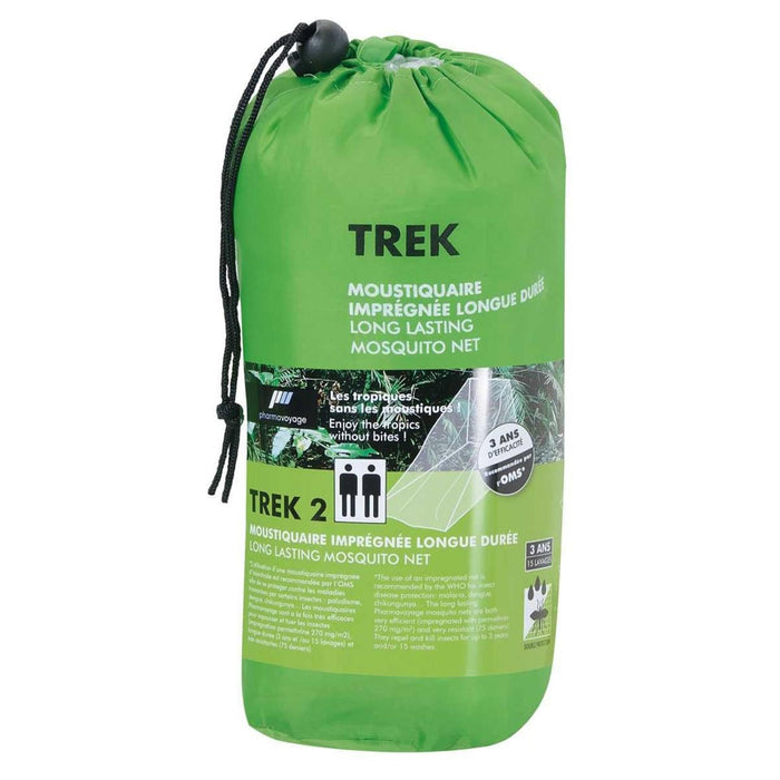 Embalaje de mosquitera verde con la marca 'Trek' sobre un fondo blanco.