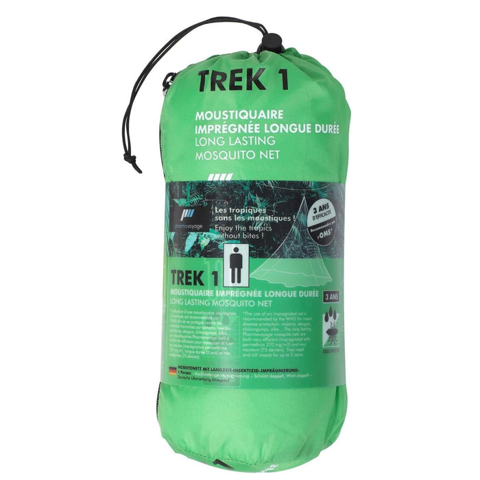 Embalaje de mosquitera verde con la marca 'Trek 1' sobre un fondo blanco.