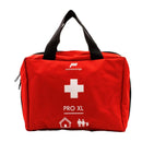 Red first aid bag with black handles on a white background