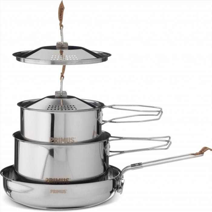 Primus Campfire Cookset S ollas y sartén de acero inoxidable con asas y tapas ventiladas, batería de cocina compacta para camping