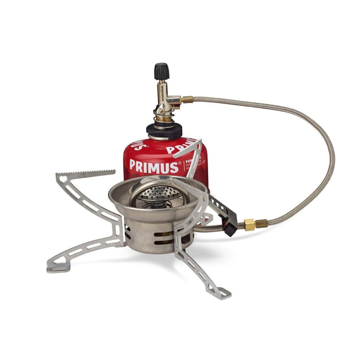 Estufa de camping compacta Primus EasyFuel Duo plegable de propano y butano con recipiente remoto y patas plegables para cocinar al aire libre.