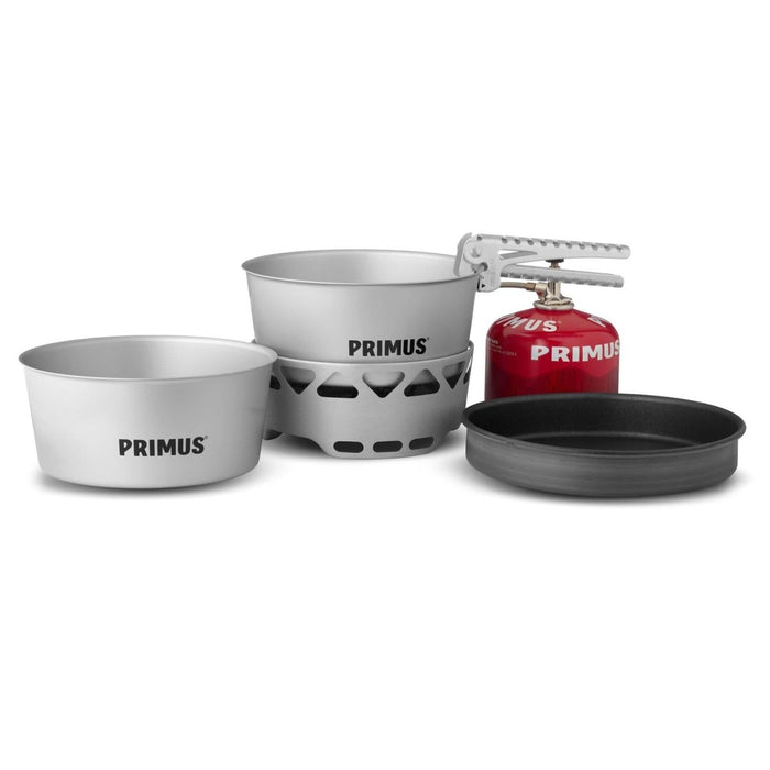 Juego de estufa Primus Essential con olla de 1,3 L, sartén y estufa de gas compacta y liviana para cocinar al aire libre.