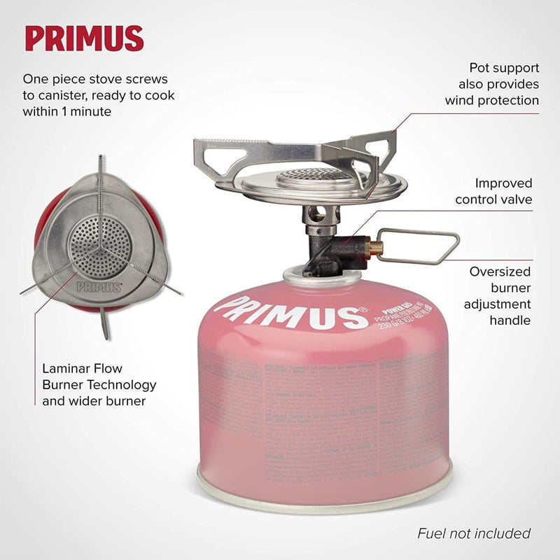 Compact Primus Essential Trail Stove with pot support, control valve, and burner adjustment for outdoor cooking butane gas burner