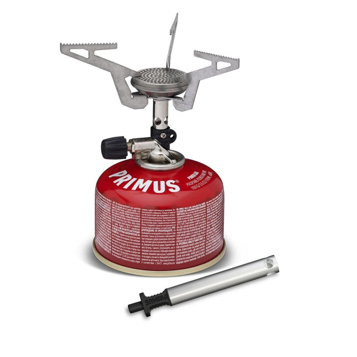 Estufa de senderismo compacta Primus Express con quemador ligero y plegable y depósito de combustible rojo para cocinar eficientemente al aire libre.