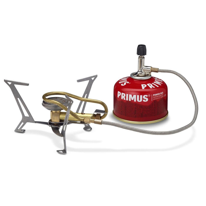 Estufa de camping ligera Primus Express Spider II con trípode y bombona de gas roja para cocinar al aire libre y excursiones de senderismo