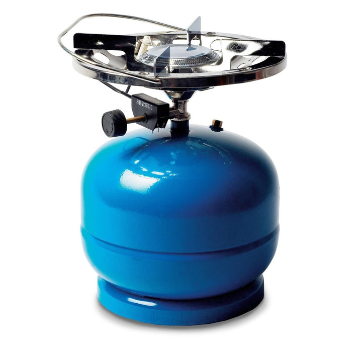 Estufa de camping con quemador de propano azul con encendido piezoeléctrico y quemador único para cocinar al aire libre y hacer caminatas.