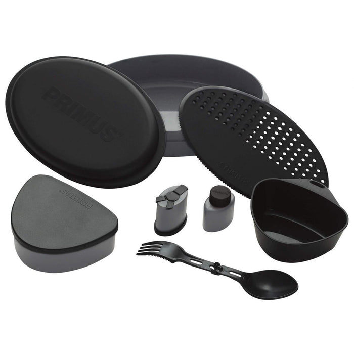 Kit de comedor para acampar Primus Frigg W Piezo negro con platos, utensilios y recipientes para comidas al aire libre