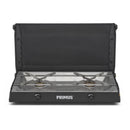 Primus Kinjia dual burner portable camping stove with black exterior and stainless steel pot supports