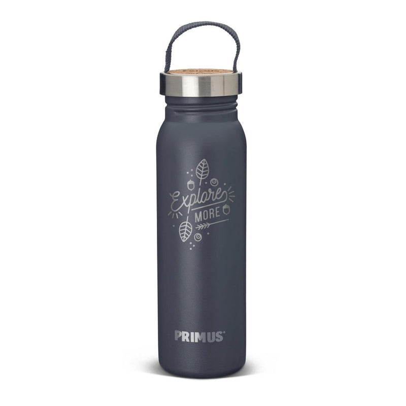 Primus Klunken 700ml stainless steel water bottle with cork lid and carry handle, ideal for hiking and outdoor use.