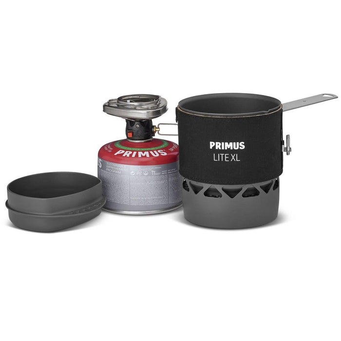 Juego de cocina para acampar Primus Lite XL con olla de 1 litro, quemador liviano y recipiente de combustible portátil para comidas al aire libre.