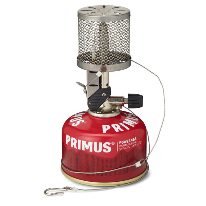 Lámpara de gas portátil Primus Micron con brillo regulable, encendido piezoeléctrico, malla de acero inoxidable y sistema de suspensión para uso en camping