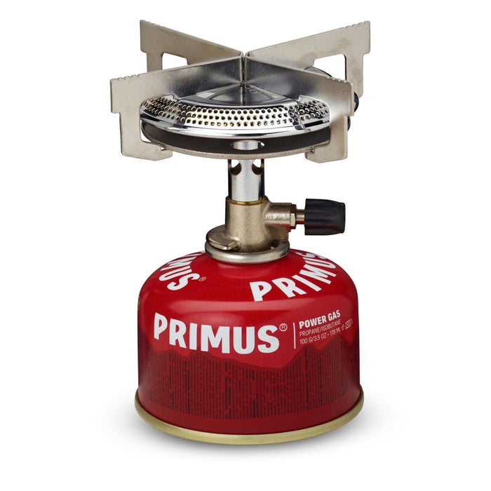 Estufa de propano compacta Primus Mimer de un solo quemador para acampar, hacer caminatas y cocinar al aire libre con soporte estable y fácil encendido.