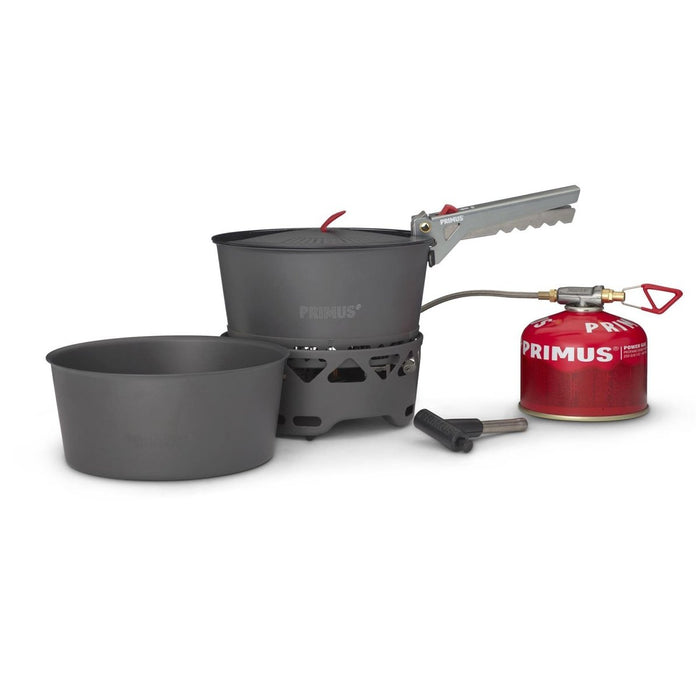 Juego de estufa de camping Primus PrimeTech de 1,3 L con dos ollas, quemador, depósito de combustible y agarrador para cocinar al aire libre