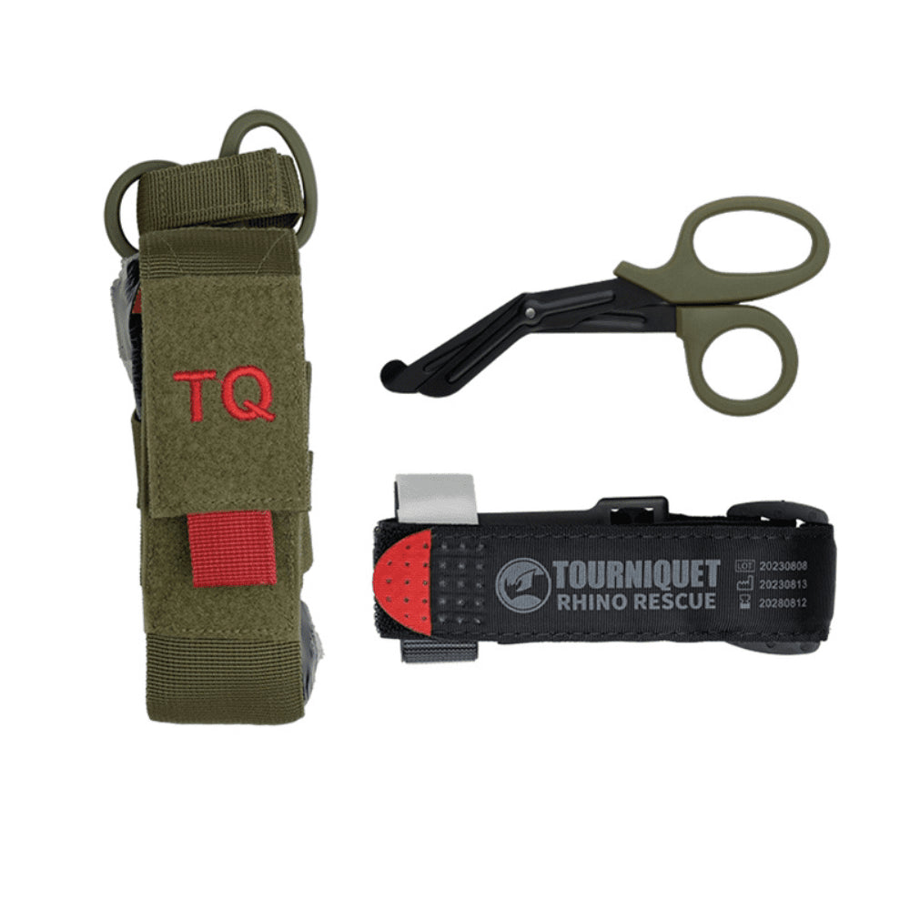 Rhino Rescue Torniquete Set Bolsa Tijeras Botiquín de primeros auxilios de emergencia Oliva