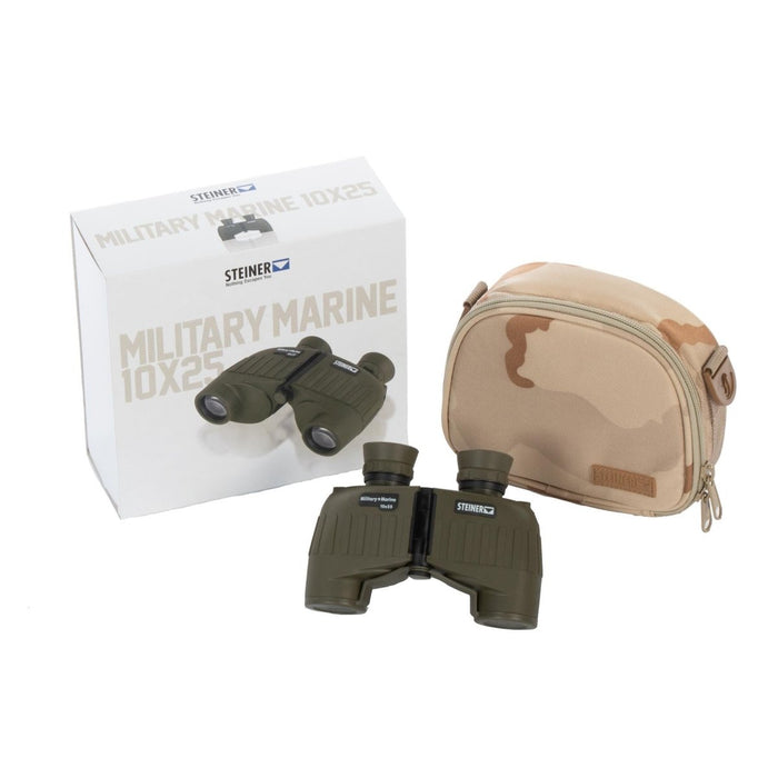 Prismáticos Steiner Military Marine 10x25 color oliva con diseño resistente, estuche de transporte y caja de embalaje para uso en exteriores.