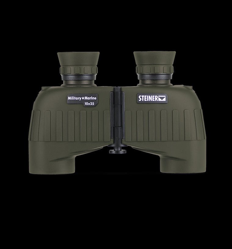Steiner Military Marine 10x25 olive green rugged binoculars with auto focus for hunting and outdoor use.