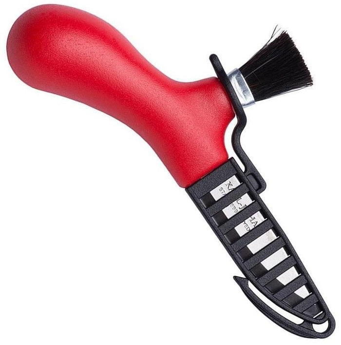 Cuchillo sueco recolector de setas con mango ergonómico rojo, hoja de acero inoxidable y cepillo de limpieza de auténtica crin.