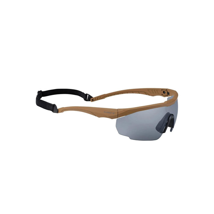 Gafas de seguridad SWISS EYE de grado militar con patillas ajustables, lentes antirrayas, protección UV y correa segura.