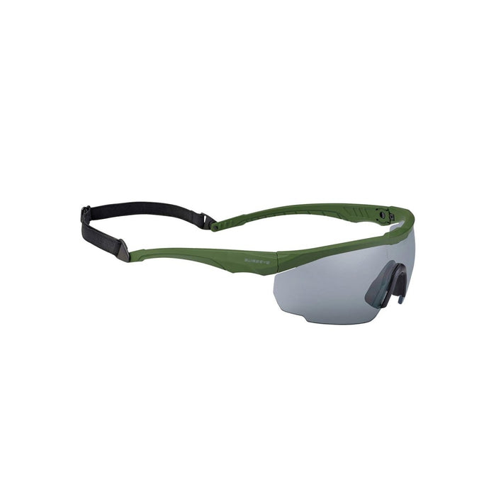 Gafas de seguridad color oliva con correa ajustable, lentes antivaho, resistentes a rayones y protección UV para uso en exteriores.