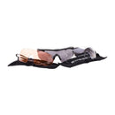 SWISS EYE safety goggles with three interchangeable lenses in clear, orange, and dark colors on a black pouch.
