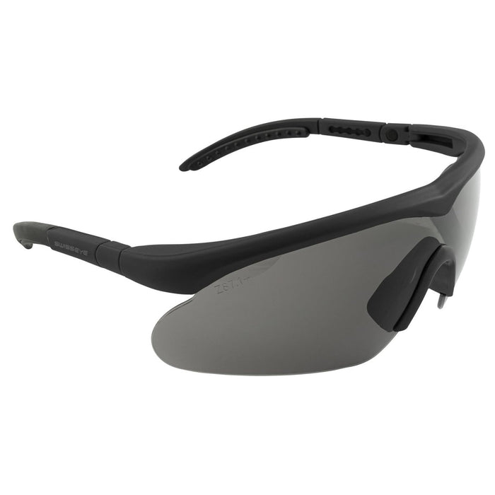 Gafas de tiro balístico SWISS EYE con protección UV400, lentes antivaho y montura negra ajustable para mayor comodidad.