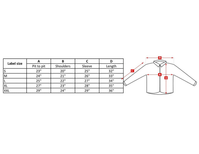 Size chart for TACGEAR German Military style smock jacket with measurements for chest, shoulders, sleeve, and length.