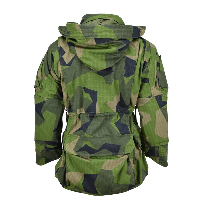 Back view of TACGEAR military ripstop commando smock jacket in splinter camo with hood and multiple pockets