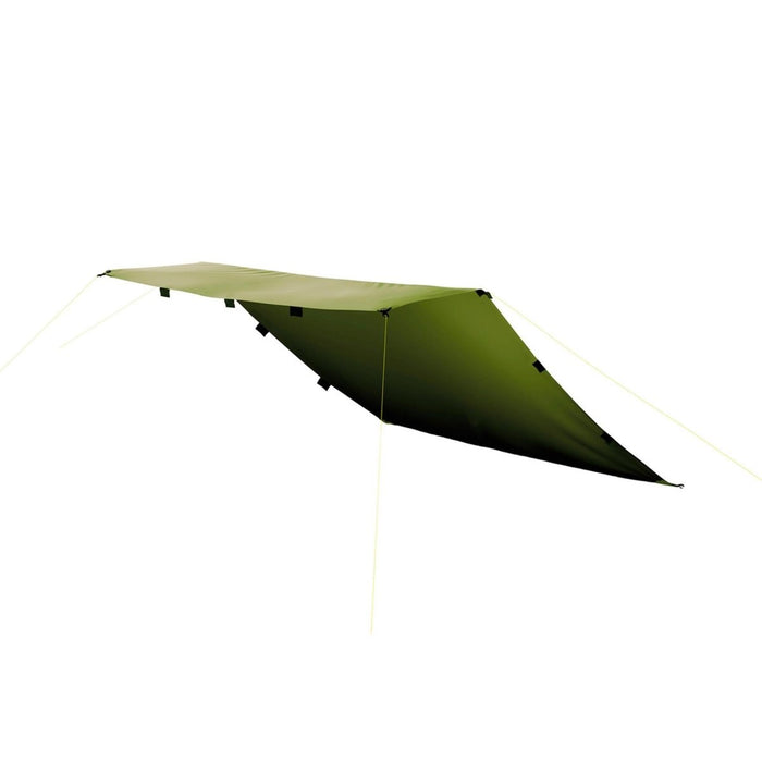 Verde oliva Tatonka ligero impermeable tienda refugio cubierta para la lluvia y toldo para el sol con líneas tensoras aisladas en blanco