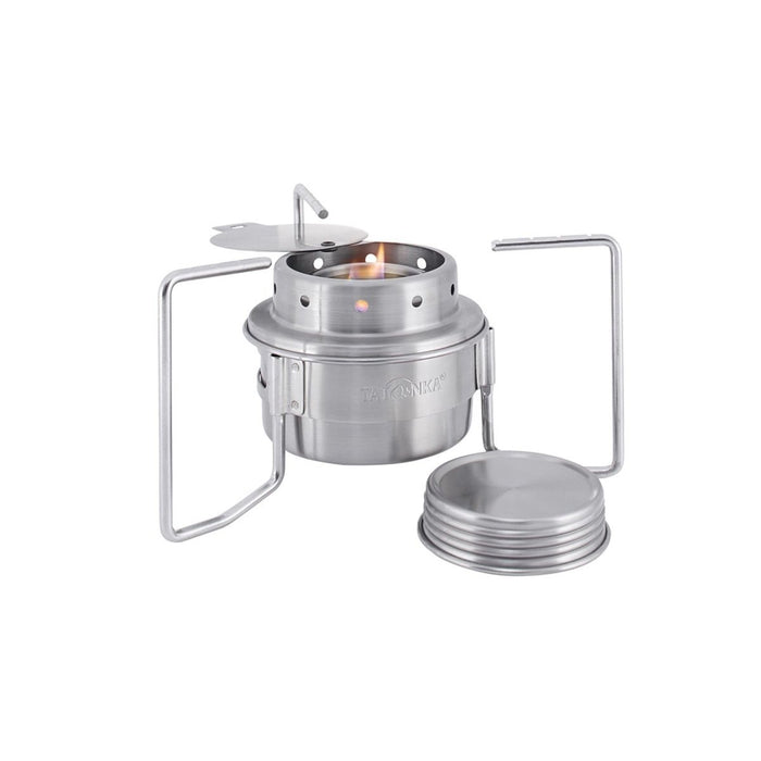 Estufa compacta Tatonka de acero inoxidable con quemador multicombustible y alcohol, con soporte para ollas y regulador de llama para uso en exteriores