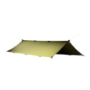 Olive waterproof Tatonka tarp shelter with guy loops and eyelets, lightweight and versatile for camping protection.