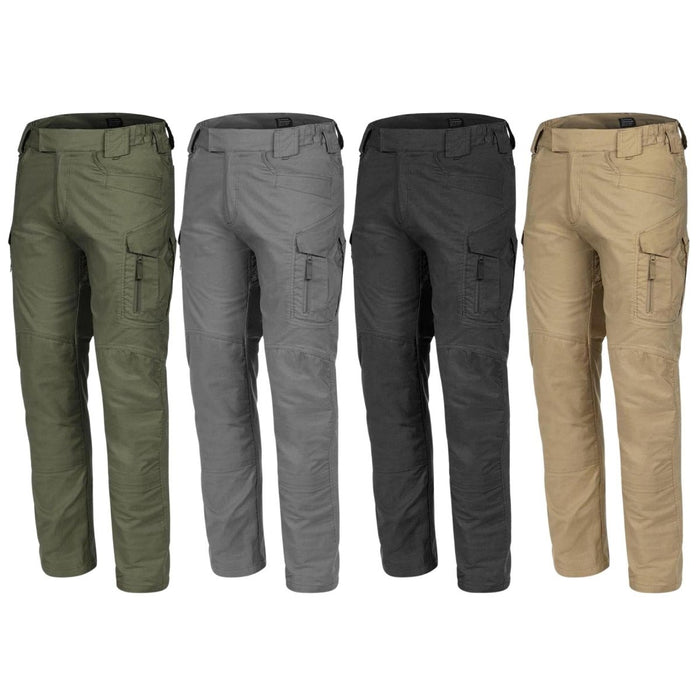 Cuatro pares de pantalones cargo tácticos ripstop de grado militar TEXAR Elite Pro 2.0 en colores verde, gris, negro y beige.