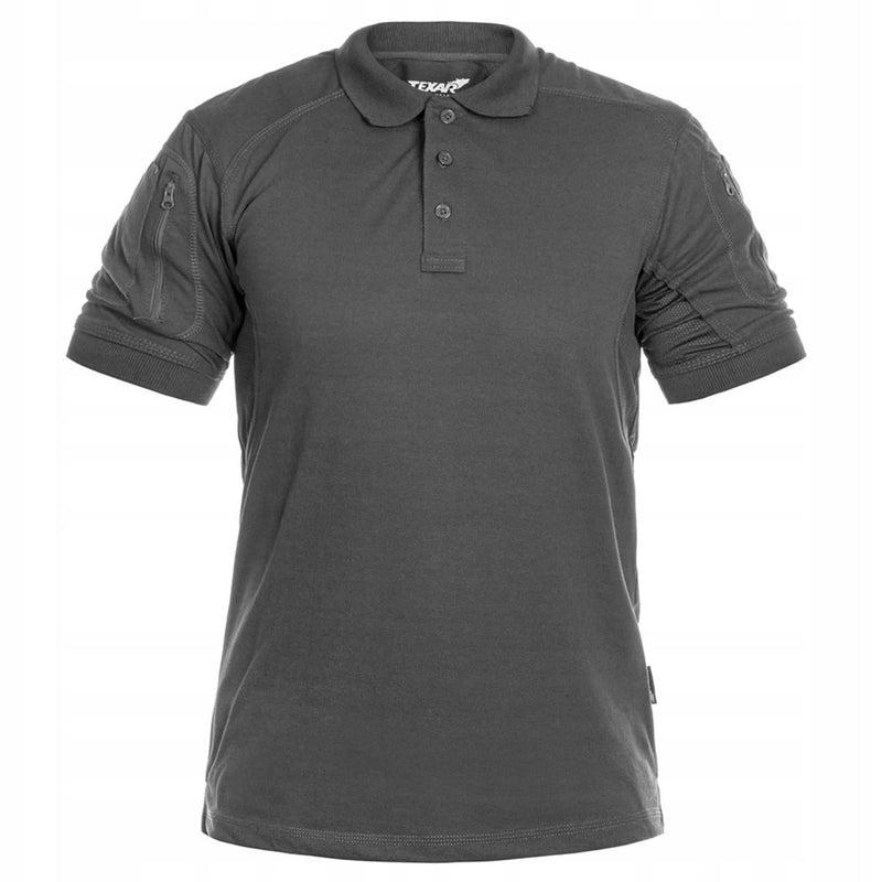 TEXAR Elite Pro tactical short sleeve polo shirt in dark gray, designed for military and outdoor use.