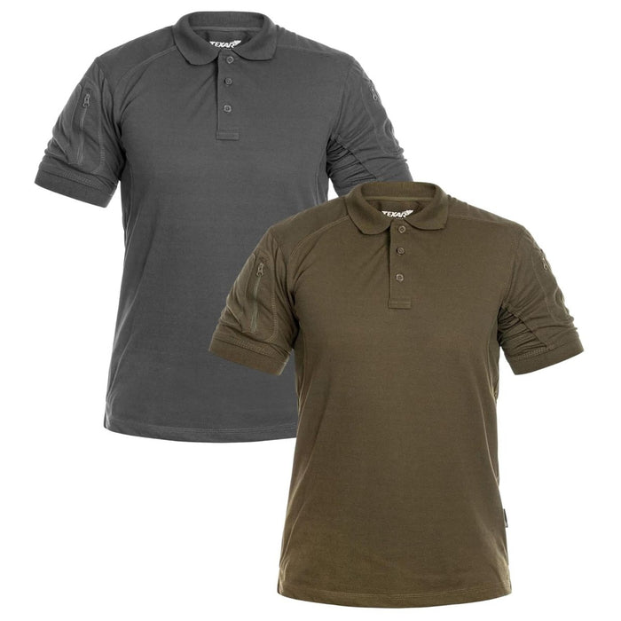 Dos polos tácticos de manga corta TEXAR Elite Pro en color gris y verde oliva para uso militar y exterior
