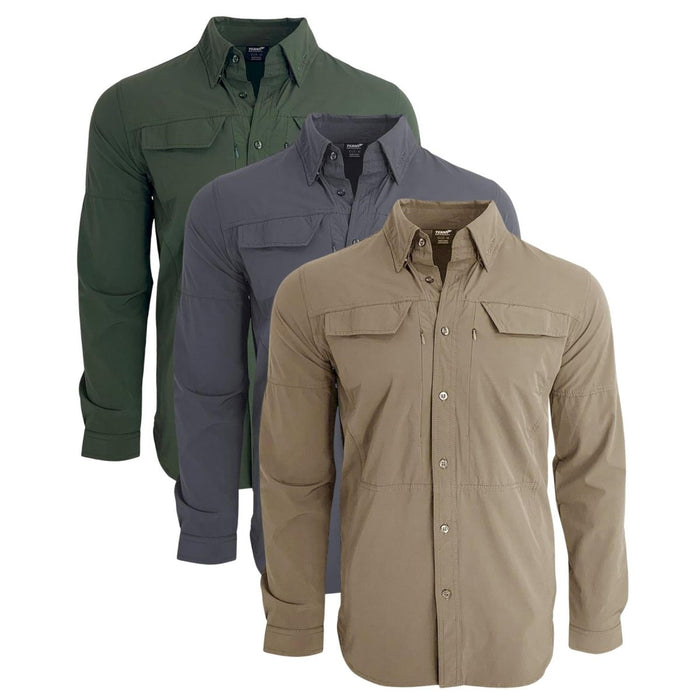 Tres camisas militares TEXAR de corte entallado y manga larga en verde, gris y tostado con botones en el frente y bolsillos en el pecho.