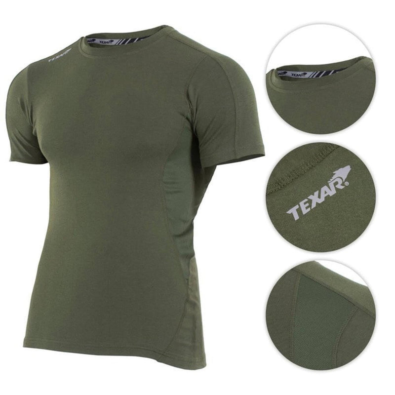 Olive green TEXAR military base layer short sleeve undershirt with breathable fabric and reinforced stitching details.