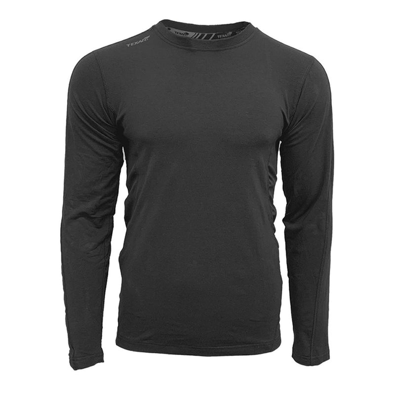 Black TEXAR military thermal long sleeve undershirt designed for warmth, comfort, and durability in cold conditions.