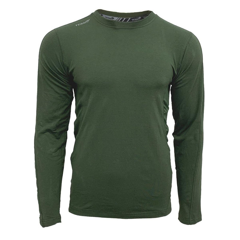 TEXAR military green long sleeve thermal undershirt designed for warmth, durability, and moisture-wicking in cold conditions.