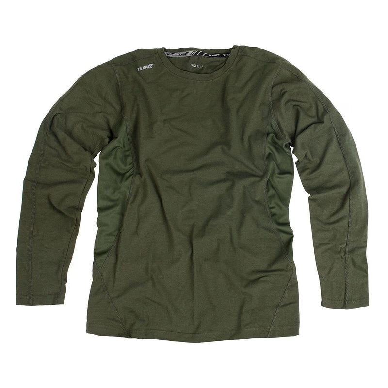 Green TEXAR military thermal undershirt with long sleeves designed for warmth and durability in cold conditions