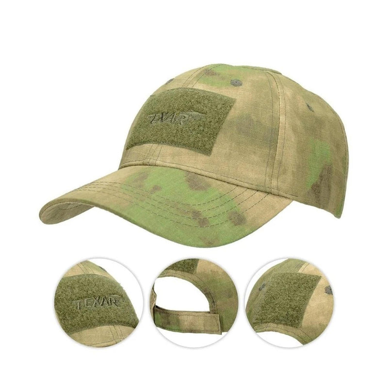 TEXAR tactical camo baseball cap with ripstop fabric, adjustable strap, and breathable design for outdoor and military use