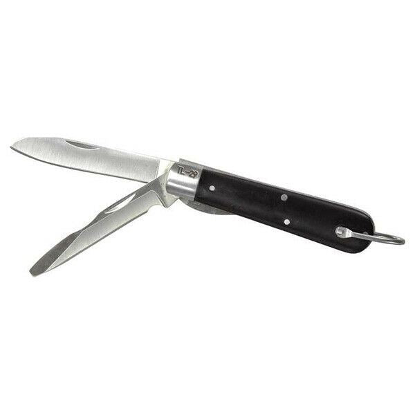 US Army style TL 29 military electrician multi-tool knife with stainless steel blades and black handle folding open