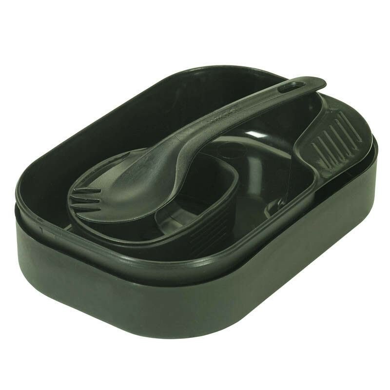 Wildo Camp Box Kit with olive BPA-free plates, cup, and spork designed for compact outdoor dining and camping use.