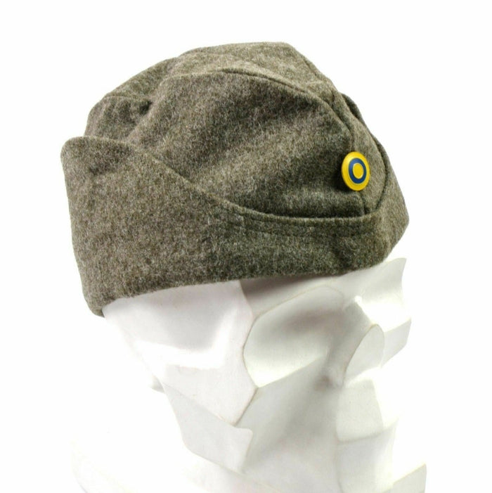 Gorra lateral de lana de invierno del ejército sueco de la Segunda Guerra Mundial con emblema redondo azul y amarillo, sombrero de guarnición de campo militar